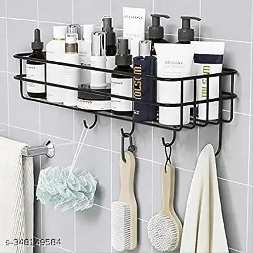 Bathroom Rack – Multipurpose shampoo, toiletries, and other essentials Metal Shelf with 4 Hooks, No Drilling Adhesive Shower Caddy, Black