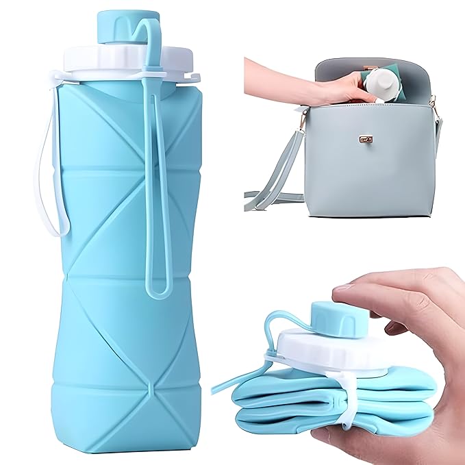 Foldable Sili'cone Water Bottle, Portable Water Bottle Light Weight, Durable, Leak-Proof, Sports Water Bottle S-ilicone Folding Water Bottle, Ideal Choice For Gym, Camping, Hiking, Traveling And Sports 600ML (PACK OF 1)