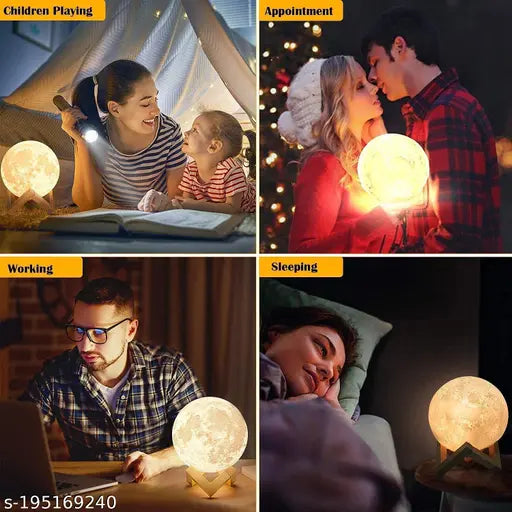 3D 7 Color Changeable 3D Moon Lamp with Stand for Bedroom Lights for Adults and Kids Home Room Beautiful Indoor Lighting 15cm with Battery Powered and Just Tap Control Bedroom Light with Wooden Stand Rechargeable Battery for Diwali Home Decoration - 13 cm