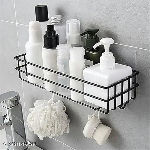 Bathroom Rack – Multipurpose shampoo, toiletries, and other essentials Metal Shelf with 4 Hooks, No Drilling Adhesive Shower Caddy, Black