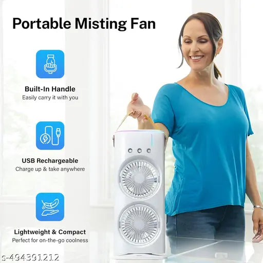 Portable Mini Air Coller Fan, Double-Ended Spray Cooling Fan With Mist Humidifier | Rechargeable USB FAN | with 5 Meter USB Cable Quite Mini Fan with Remote Controller | Mini Fan - WHITE