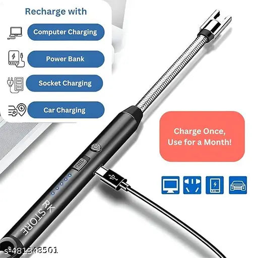 Electric Arc Gas Lighter Rechargeable Plasma Lighter for Cooking Gas Stove, Kitchen, Pooja Candles Diyas Safe USB Charging, Windproof, Long-Lasting 360° Flexible Electric Lighter Rechargeable