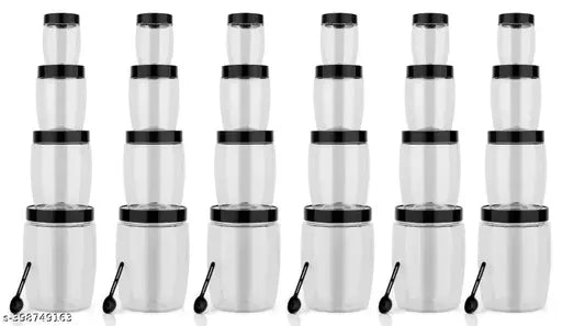 Upsilon - Unbreakable, Airtight, Multi Purpose Modular Kitchen Storage, Grocery Container 1200ml, 650ml, 350ml, 250ml With Spoon ( BLACK Set Of 24 )